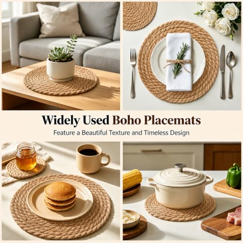 Image of 13.8 Inch Round Woven Placemats Set of 8, Rattan Chargers for Dinner Plates, Rattan Wicker Table Mats Jute Braided, Boho Farmhouse Rustic Braided Place Mats for Kitchen Dining Party Decor