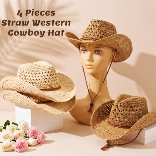 Image of Unittype 4 Pcs Straw Cowboy Hats with Windproof Rope