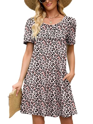 Image of Heymoments Women's Short Sleeve Crewneck Sundress Summer Casual A-Line Beach Dress with Pockets S-2XL