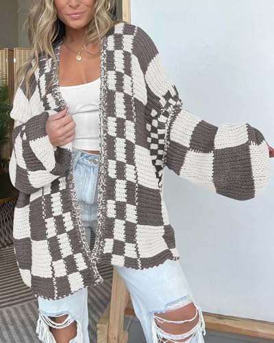 Image of BTFBM Casual Cardigan Sweater for Women Fall 2026 Long Sleeve Open Front Chunky Knit Sweaters Checkered Outwear Coat