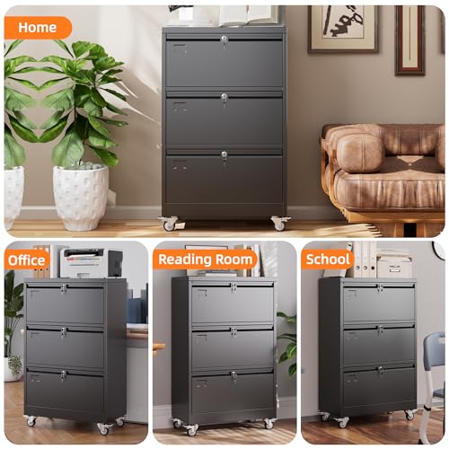 Image of Aobabo 3 Drawer Lateral File Cabinet with Wheels, Lockable Metal Filing Cabinet for Home Office, Legal /Letter Size,Black,Required Assembled