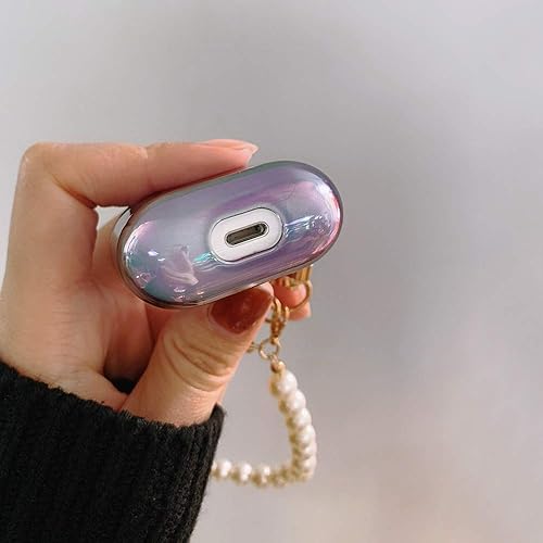 Miniatura 9 de Ownest Funda compatible con AirPods con llavero de perla, diseño de arco iris brillante con purpurina, linda funda rígida de policarbonato para