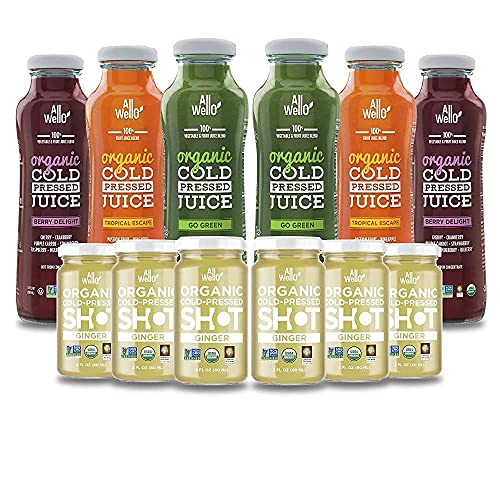 Allwello Organic Cold Pressed Mix 6 Pack Organic Juice Drinks With Pure Fruits And Vegetables 11 Fl Oz + 6 Pack Ginger Shot 2 Fl Oz (12 Pack Total) Natural Usda Organic Digestion Support #TOP18