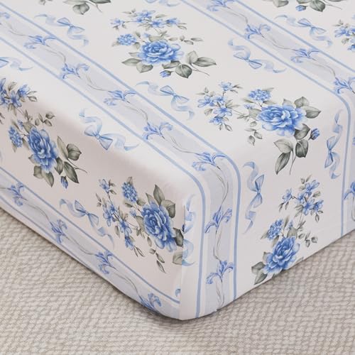 Image of Brandream Organic Cotton Crib Fitted Sheets for Baby Girls, Cottagecore Fitted Crib Sheet for Standard Crib and Toddler Mattress Super Soft Baby Sheet French Country Coquette Blue Floral Stripe Print