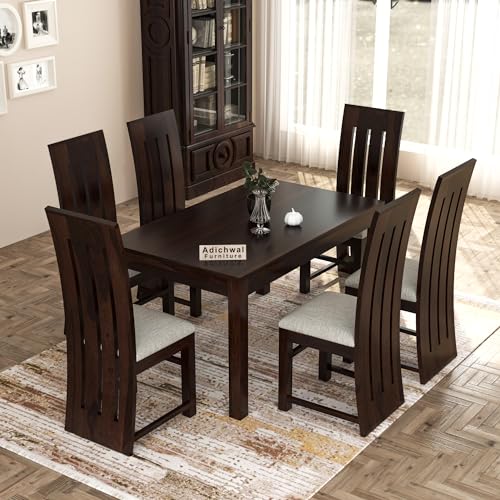Image of Solid Sheesham Wood 6 Seater Dining Table Set with Cushioned Chairs for Dining Room | Living Room | Home & Office | Hotels Restaurant & Cafe (6 Seater, Walnut B)
