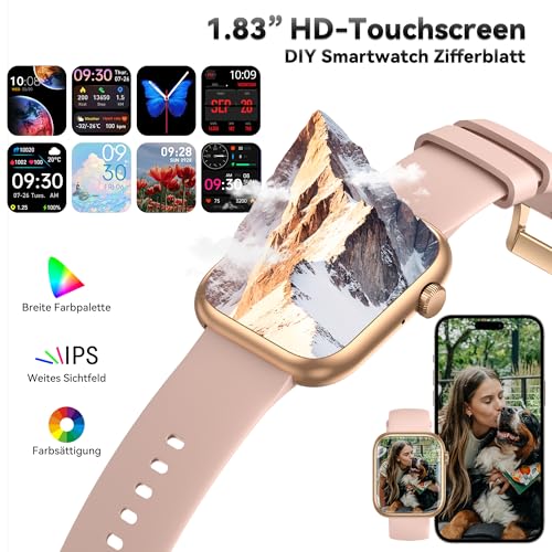 Smartwatch Damen Herren, 1.83" HD Fitness Tracker mit Schrittzähler/Blutdruckmessung/Pulsuhren/Telefonfunktion, Schlaftracker, 120+ Sportmodi, IP68 Wasserdicht Fitnessuhr&Sportuhr für Iphone Android 6