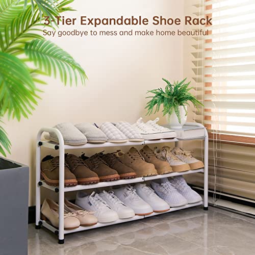 Image of Gonfoam Expandable 3-Tier Shoe Rack for Closet and Entryway, White | Tool-Free Assembly, Metal Material, Adjustable Shoe Organizer, Sturdy, Small Space Solution, Dorms, Garages, Apartments.