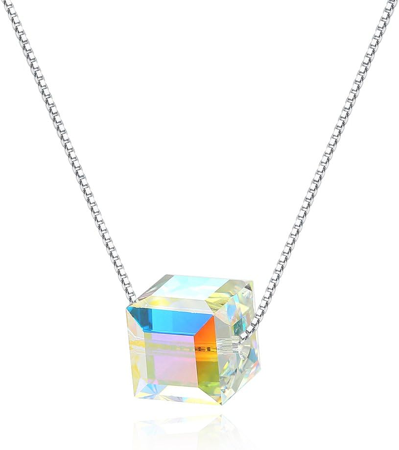 925 Sterling Silver Cube Cubic Candy Square Aurora Borealis Necklace