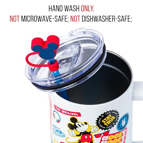 Image of Silver Buffalo Disney Mickey Mouse Stainless Steel Tumbler with Straw Cover, Lid, Straw, and Handle Featuring Donald Duck, Daisy Duck, Minnie Mouse, Mickey Mouse, Goofy, and Pluto, 40 Ounces