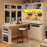 Oslghy Küchenschrank, Hochschrank, Buffetschrank mit LED & Ausziehbarer Tisch, Vorratsschrank Snackschrank, Modern Mehrzweckbuffet mit Tischschrank, 2 Türen und 3 Schubladen, Weiß, 137×45×178cm