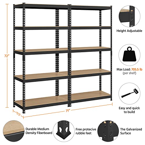 Topeakmart TP-00119888 2Pcs 5-Tier Utility Shelves, Metal Storage Shelves Garage Shelving Unit Adjustable Garage Storage Shelves Storage Racks Heavy Duty Shed Shelving- Black thumb #2