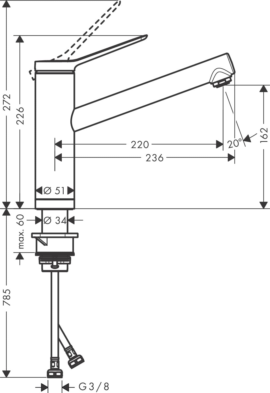 hansgrohe Vorfenster Küchenarmatur Zesis M33, Wasserhahn Küche mit Auslauf Höhe 160 mm, 150° drehbar, 1 Strahlart, Chrom