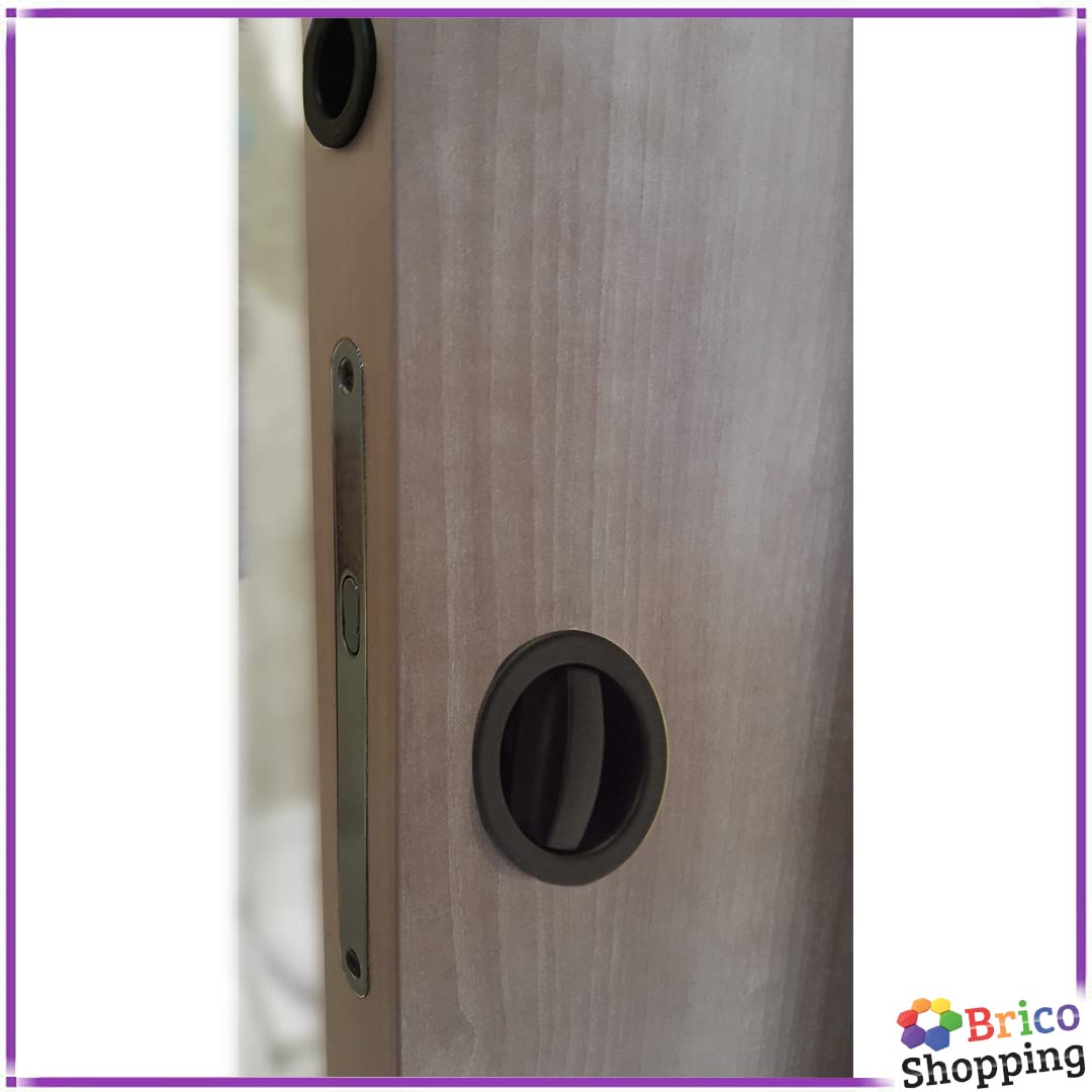 BricoShopping® Ensemble de poignées pour porte intérieure en bois, escamotables, porte coulissante, avec serrure intégrée, crochet, butoir, buse ronde, acier (rond C/serrure, Noir)