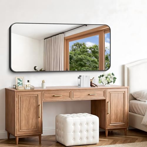 Image of Black Bathroom Mirror, 66x30 inch Aluminum Metal Frame Rectangular Vanity Mirror, Large Wall Mounted Rectangle Mirrors with Rounded Corner for Over Sink Bedroom Living Room Horizontal /Vertical