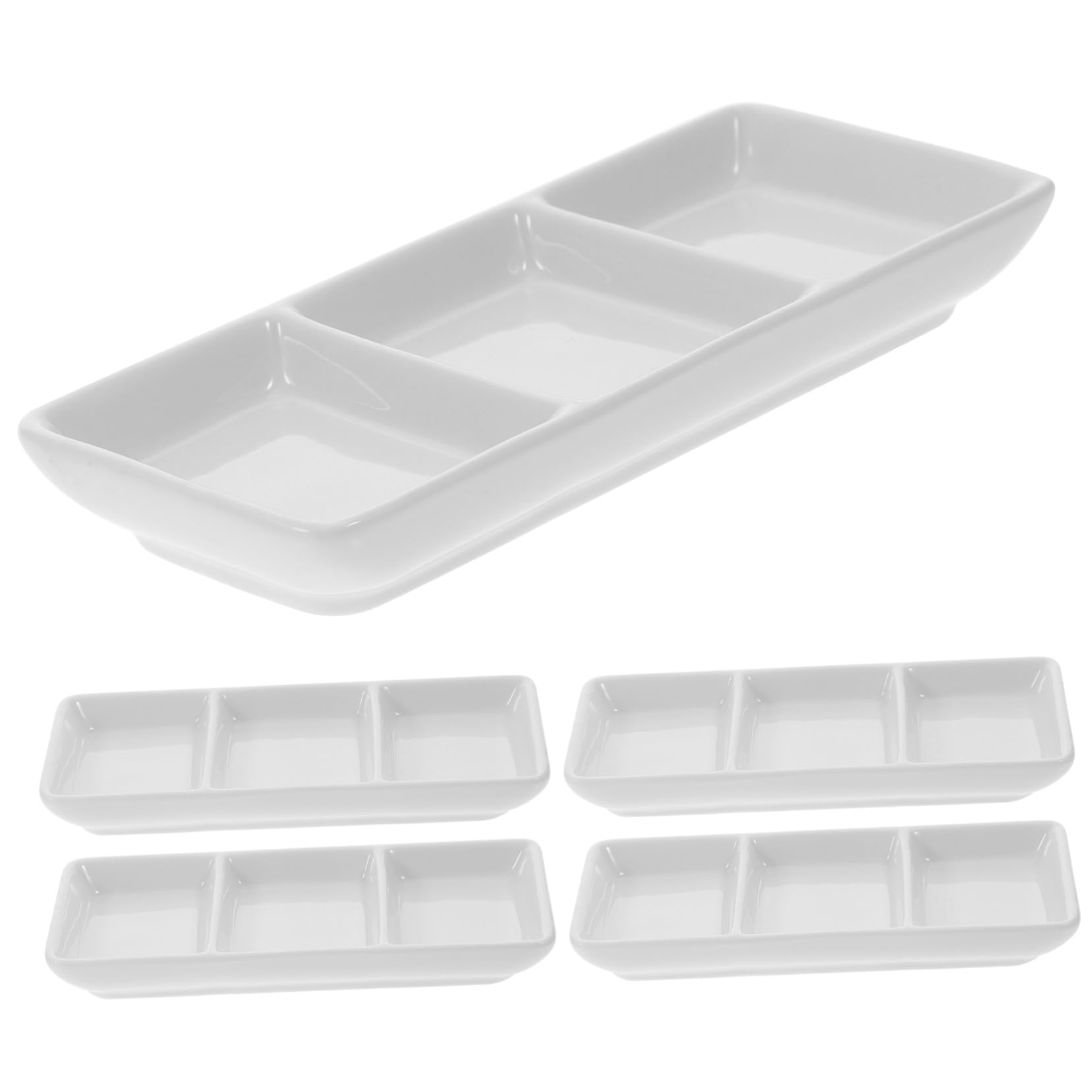Set 5 Pezzi Piatti in Ceramica Bianca 3 Scomparti per Condimenti e Snack, Portatile per Catering e Tavola da Pranzo