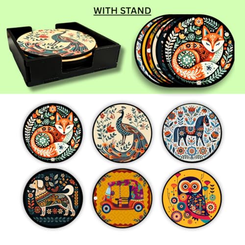 Image of Zesta Coasters for Cups Set of 6 / Wooden Coasters for Bar Accessories for Home /Tea Coaster Set of 6 / Waterproof Dining Table Decor Glass Cover (Animal A, Circle)
