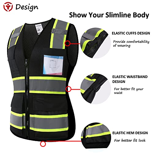 Asiphitu Reflective Safety Vest For Women High Visibility Security Vest With Pockets Zipper Front Work Vest With Reflective Strips Meets Ansi/Isea Standards(W-Black-S) #TOP1