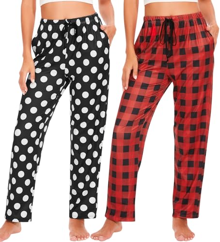 Ymmchy Womens Pajama Bottoms Lounge Pants Printed Plaid Pyjamas Checkered Pants Sleep Trousers with Pockets 2-Pack Dots/Red Plaid S