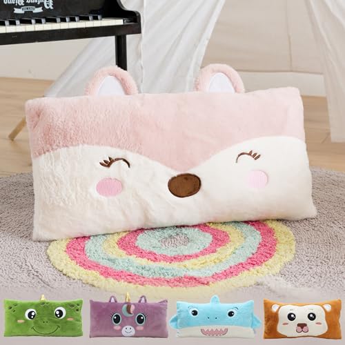 Image of Snugtown Stuffed Animal Lumbar Pillow, Super Soft Plush Cuddle Throw Pillow for Kids, Cute Fox Shaped Pillow, 12 x 24 Inches, Pink, Ivory
