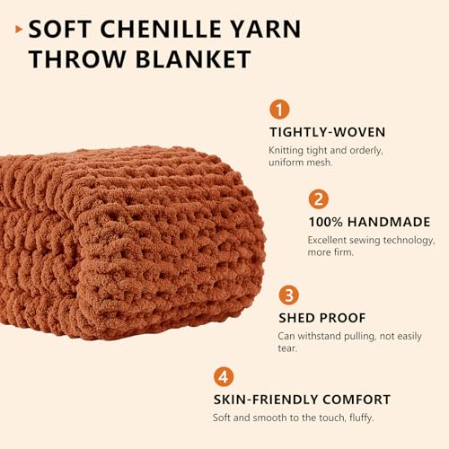 L'AGRATY Chunky Knit Blanket Throw: 72''x84'' Chenille Chunky Knitted Throw Blankets for Bed Couch - Handmade Thick Big Cable Knit Blanket - Large Crochet Rope Blankets for Home Decor(Rusty Orange)