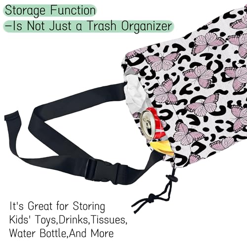 Image of Butterfly Car Garbage Bag,Leopard Waterproof Small Car Trash Bag Hanging Back of Seat,Drawstring Hanging Car Trash Bag with Adjustable Buckle for Car Accessories