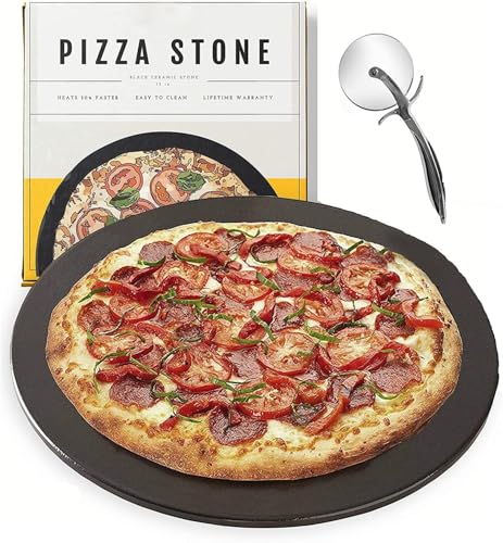 Round Pizza Stone, 15 Inch Pizza Pan for Oven, Stovetop, Grill, or Campfires, Non-Stick, Even-Heating, Durable Baking Pan, Black
