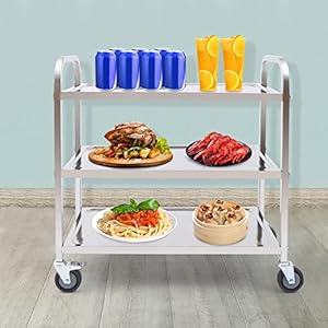 Catering Trolley met 3 etages, roestvrij staal, vloeren, theekarretje, keukenwagen, catering, opslag, trolley met rem…