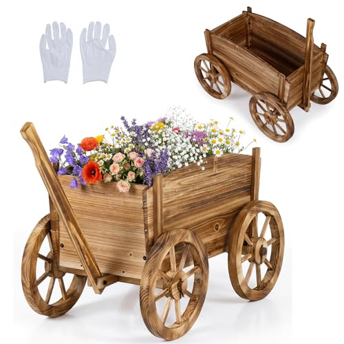 HOMASIS Blumenwagen Holz, Pflanzwagen mit Rollen & Griff, Blumenkasten Gartendeko, Pflanzschubkarre Pflanzkübel mit Drainagelöcher, Blumentopf Blumenkarre für Garten Balkon Terrasse, Braun (Modell 3)