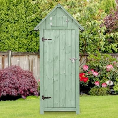 FairOnly Outdoor Shed Storage Cabinet, Garden Wooden Sheds, Outside Storage Cabinet Weather Proof with Floor, Fir Wood Tool Organizer with Door and Shelves for Backyard, Hallway (Green)