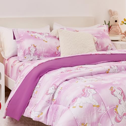 Image of Yibeizi Unicorn Kids Comforter Set for Girls Full Lavender Bedding