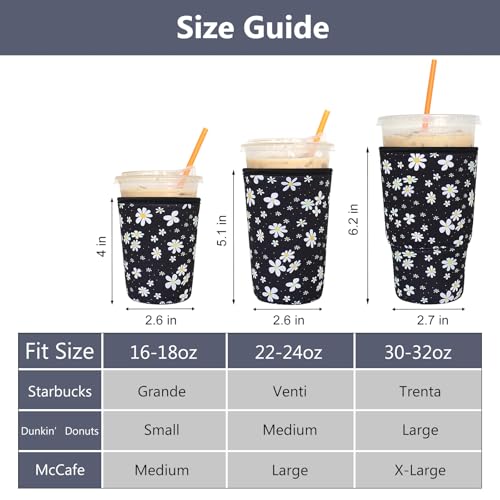 Image of 3 Pack Reusable Iced Coffee Sleeves - Xumbtvs Insulator Sleeve for Cold Beverages, Neoprene Coffee Cup Holder (Daisy)