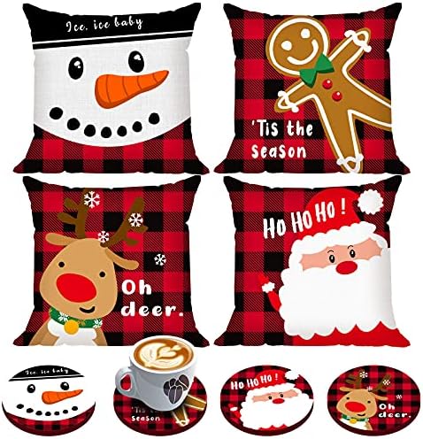 gearoot Set of 4 Buffalo Plaid Christmas Pillow Covers 18x18 with 4 Bonus Coasters, Cartoon Snowman Santa Deer Plaid Throw Pillow Cover Cute Cushion Case for Couch Home Decor