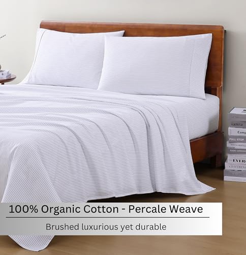 Image of LANE LINEN 100% Organic Cotton Twin XL Sheets Set 3-Piece Pure Percale Bedsheets Bedding Breathable Fits Mattress Upto 15 inch Deep - Blue Ticking Stripe