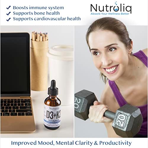 Nutroliq Vitamin D3 + K2 Liquid Drops - 4000IU Vit D3, 100mcg Vit K as MK7, MCT, Extra Virgin Olive Oil - For Immune & Bone Health, Better Energy, Calcium Absorption - Natural Peppermint Flavour, 60ml