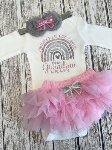 Handpicked for Earth by my Grandma in Heaven Personalized with Custom Name Baby Girl Take Home Outfit Optional Tutu Bloomers Headband and Socks (Pink and Grey)3