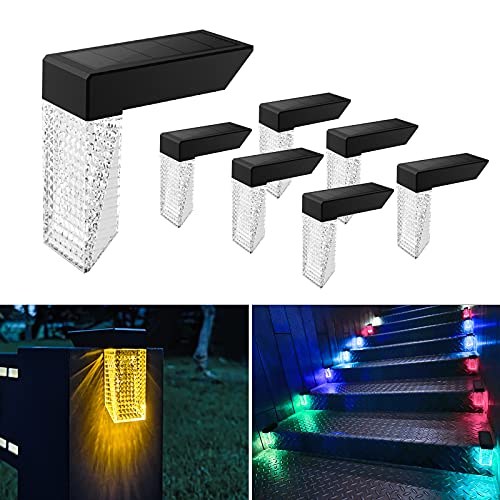 Reeonice Solar Deck Lights Fence Post Lights, Solar Step Lights Outdoor Waterproof, Solar Fence Lights for Railing, Stair, Pool, Backyard, Warm White, RGB, 6 Pack
