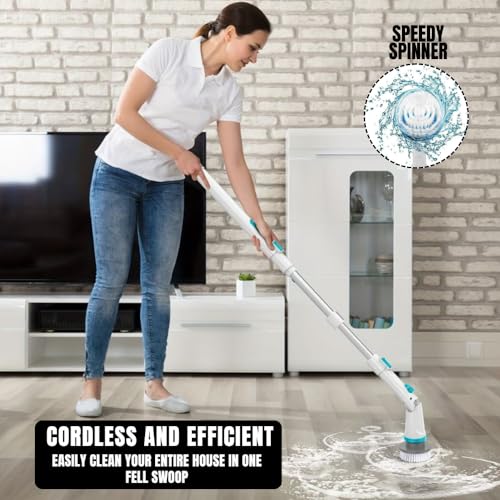 Image of Electric Spin Scrubber - Power Shower Cleaning Brush with Extendable Handle & 3 Brush Heads, Scrub Brushes for Cleaning, Shower Cleaner for Bathtub, Tile, and Floor, (Sky Blue)