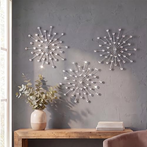 ZEXUIRU 3 Pack Silver Sunburst Wall Decor – Metal Crystal Wall Art...