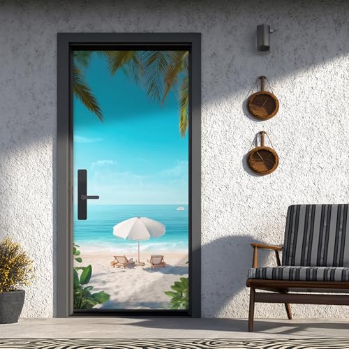 Plage Sticker Porte Trompe L'oeil Été Mer Stickers De Porte 80x200 cm, Palmier Poster de Porte Auto-AdhéSif Imperméabl Chambre Cuisine Bain Salle