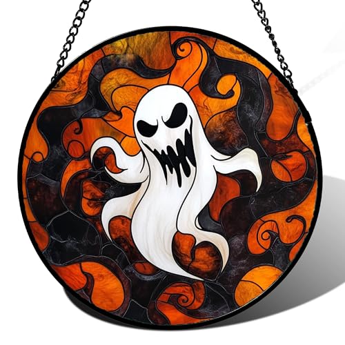 Image of Stained Glass Window Hanging - Halloween White Ghost Suncatcher for Doors Window Garden Indoor Spooky Funny Orange Sun Catchers Gothic Decor Horror Gifts for Women Men Friend 15 in