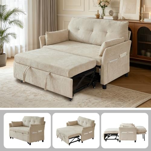 Image of 51.18'' 3-in-1 Convertible Sofa Bed, Pull Out Couch with 5-Position Adjustable Backrest and Side Pockets Sleeper Sofa for Living Room, Apartment, Easy Assembly