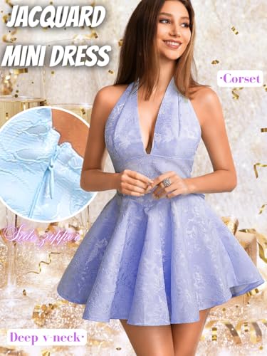 Image of ShawGobow Jacquard Corset Dress,Deep V Halter Mini Dresses with Bow Back,Sexy Birthday Outfits Women Homecoming Prom Formal
