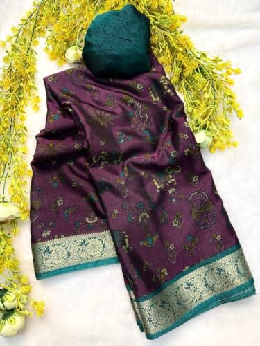 Image of Kalamkari Floral Prints Dola Silk Saree With Rich Zari Border Designer Pallu Attach Blouse Piece