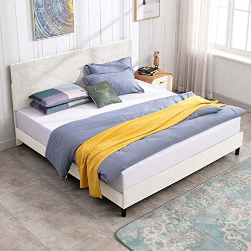 Mjkone Full Size Upholstered Bed Frame, Platform Bed Frame With Comfortable Adjustable Velvet Headboard With Solid Wooden Slat Support, Anti-Slip Foot Mats For Bedroom, Beige #TOP3