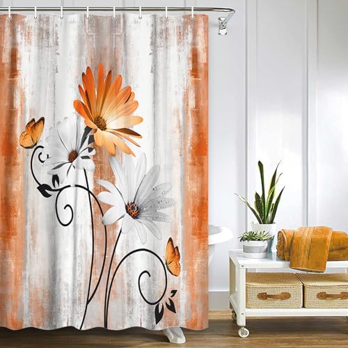 Rustic Farmhouse Shower Curtain, Farm Orange Daisy Floral Fall Flowers and Butterfly on Country Wooden Autumn Shower Curtain for Bathroom, Yellow Grey Gray Red Gold Curtain with 12PCS Hooks, 47X70IN