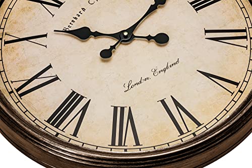 Bernhard Products Large Decorative Wall Clock 20 Inch Silent Non Ticking Battery Operated Quartz Vintage Stylish With Rustic Dark Brown Rim For Home Living/Dining Room Kitchen & Over Fireplace #TOP2