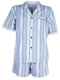 SOUNON Herren Batist Pyjama gestreift Hellblau - Kurz, Groesse: 52