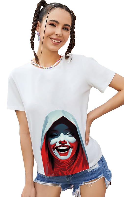 VLAM Laughing Nun Dark Art Graphic Tshirt for Women |Halfsleeve Round Neck White Tshirt