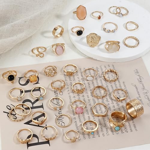Subiceto 70 Pcs Vintage Crystal Ring Set Silver Knuckle Rings for Women Bohemian Stackable Joint Rings Retro Boho Stacking Joint Finger Rings Pack, Alloy, Cubic Zirconia
