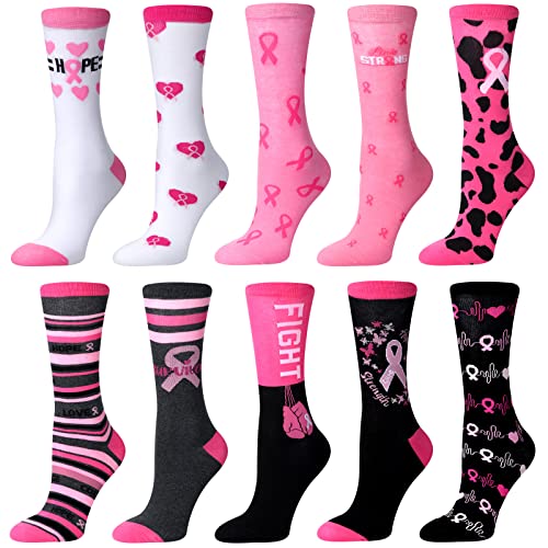10 Pairs Breast Cancer Awareness Pink Ribbon Crew Socks for Women, Pink Ribbon Sports Socks for Cancer Gifts
